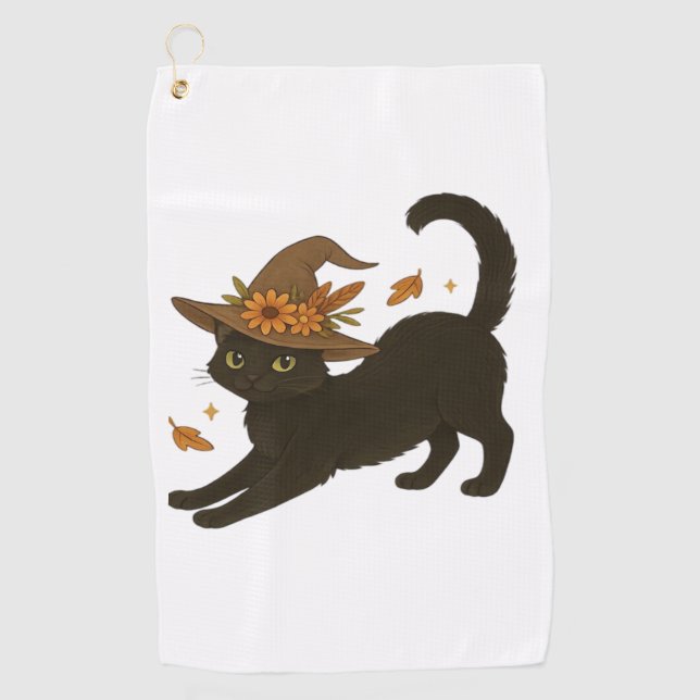 Stretching Black Cat – Witchy Autumn Classic T-Shi Golf Towel (Front)