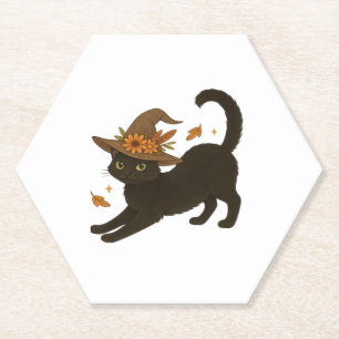 Stretching Black Cat � Witchy Autumn Classic T-Shi Paper Coaster