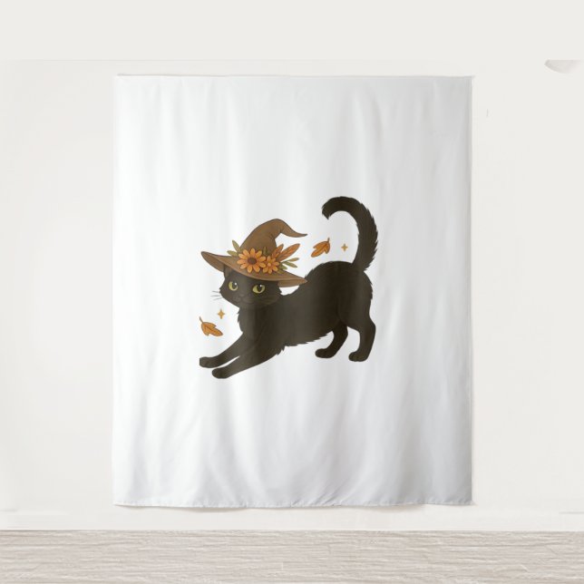 Stretching Black Cat – Witchy Autumn Classic T-Shi Tapestry (Front)