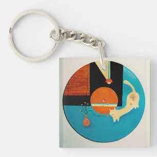 Stretching Cat Retro Record Illustration Key Ring