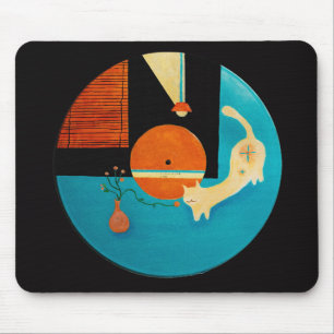 Stretching Cat Retro Record Illustration Mouse Mat