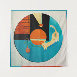 Stretching Cat Retro Record Illustration Tapestry