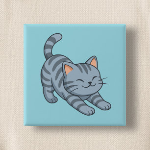 Stretching Grey Tabby Cat Blue 15 Cm Square Badge