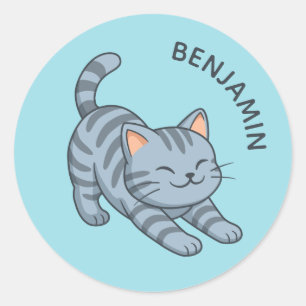 Stretching Grey Tabby Cat Blue Custom Name Classic Round Sticker