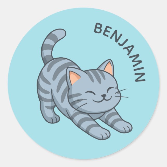 Stretching Grey Tabby Cat Blue Custom Name Classic Round Sticker (Front)