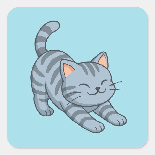 Stretching Grey Tabby Cat Blue Square Sticker (Front)