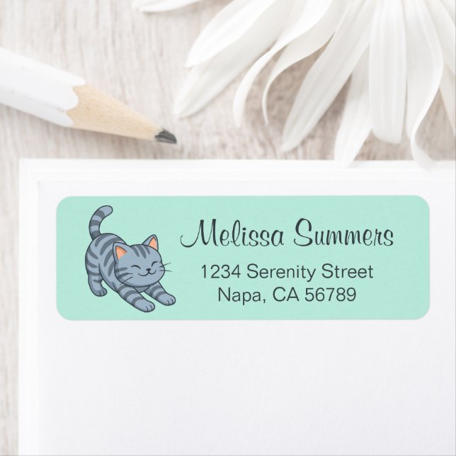 Stretching Grey Tabby Cat Green (Insitu)