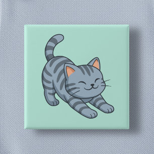 Stretching Grey Tabby Cat Green 15 Cm Square Badge