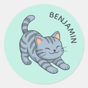 Stretching Grey Tabby Cat Green Custom Name Classic Round Sticker
