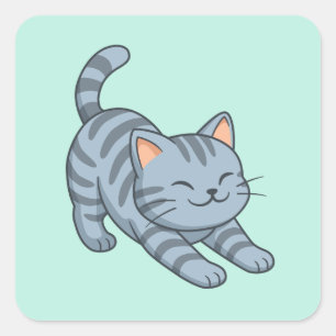 Stretching Grey Tabby Cat Green Square Sticker