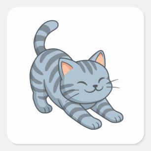 Stretching Grey Tabby Cat Square Sticker