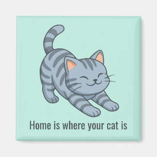 Stretching Grey Tabby Green Cat Custom Text Magnet