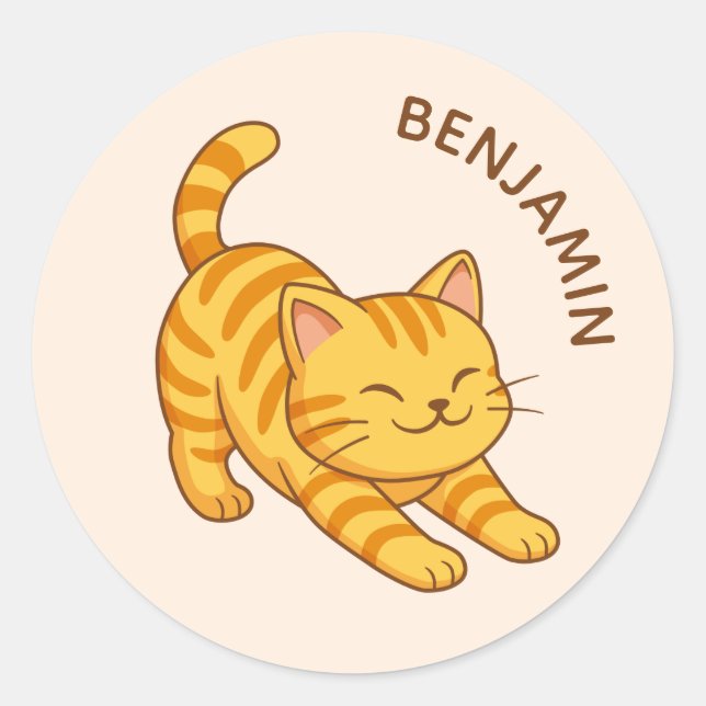 Stretching Orange Tabby Cat Beige Custom Name Classic Round Sticker (Front)