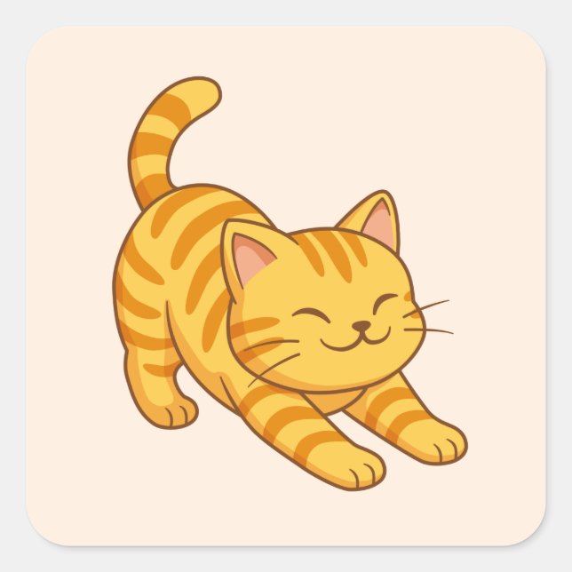 Stretching Orange Tabby Cat Beige Square Sticker (Front)