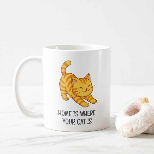 Stretching Orange Tabby Cat Custom Text Coffee Mug (With Donut)