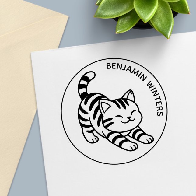 Stretching Tabby Cat Custom Text Self-inking Stamp (Creator Uploaded)