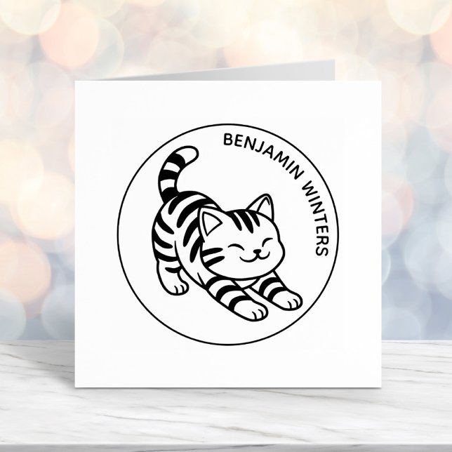 Stretching Tabby Cat Custom Text Self-inking Stamp (Creator Uploaded)