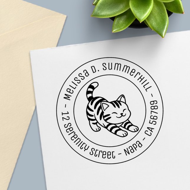 Stretching Tabby Cat Round Address Self-inking Stamp (Creator Uploaded)