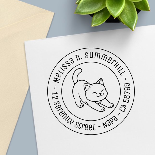 Stretching White Cat Round Address Self-inking Stamp (Creator Uploaded)