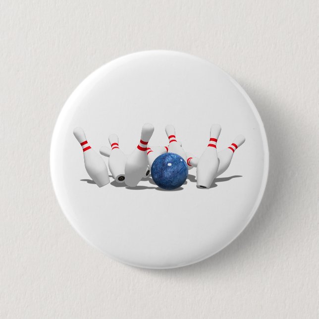 Strike!  Bowling Ball & Pins: 6 Cm Round Badge (Front)