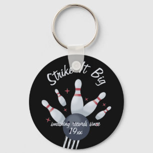 Strike it Big - Bowling Ball Smashing Into Pins Key Ring