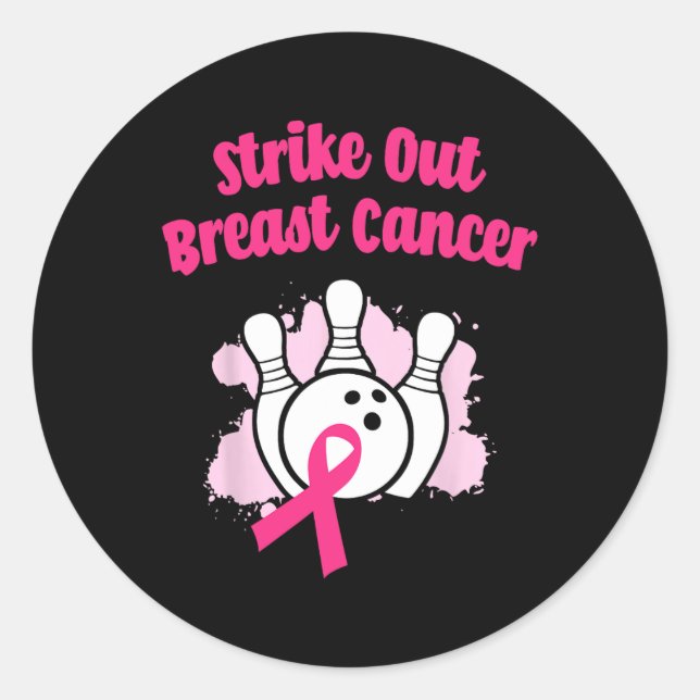 Strike Out Breast Cancer Bowling Ribbon Pink  Classic Round Sticker (Front)