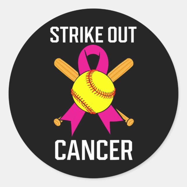 Strike Out Cancer Softball Ball Pink Ribbon Game C Classic Round Sticker (Front)