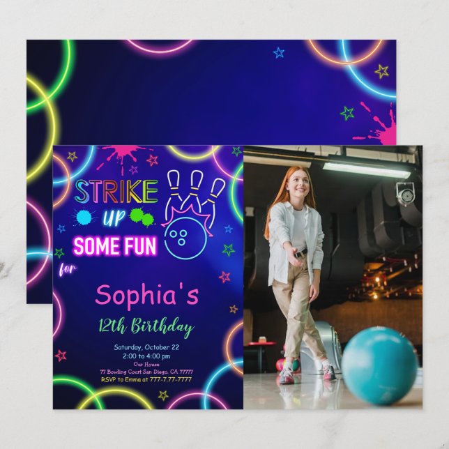 STRIKE UP Bowling Birthday Photo Invitation (Front/Back)