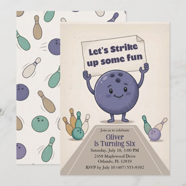 Strike Up Some Fun Bowling Party Boy 6th Birthday Invitation (Front/Back)