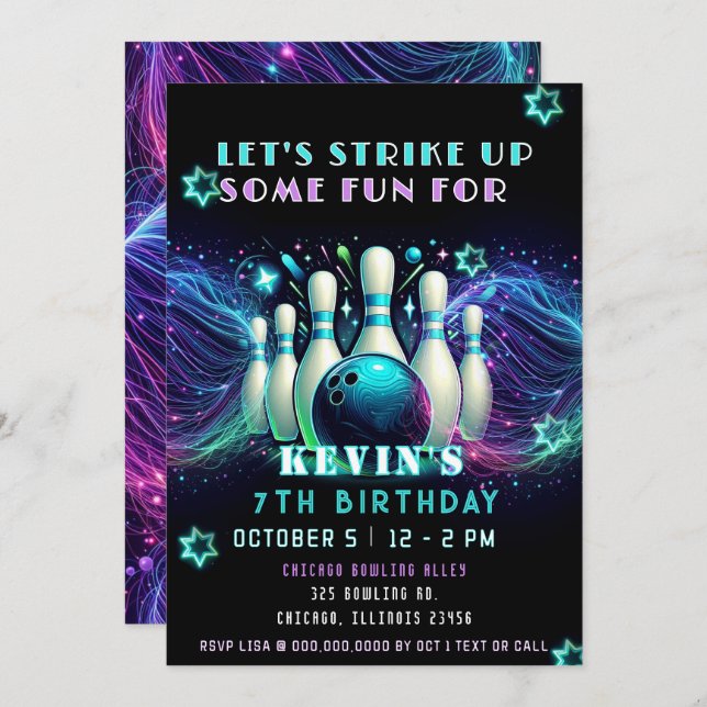 Strike Up Some Fun Neon Glow Bowling Birthday Invitation (Front/Back)