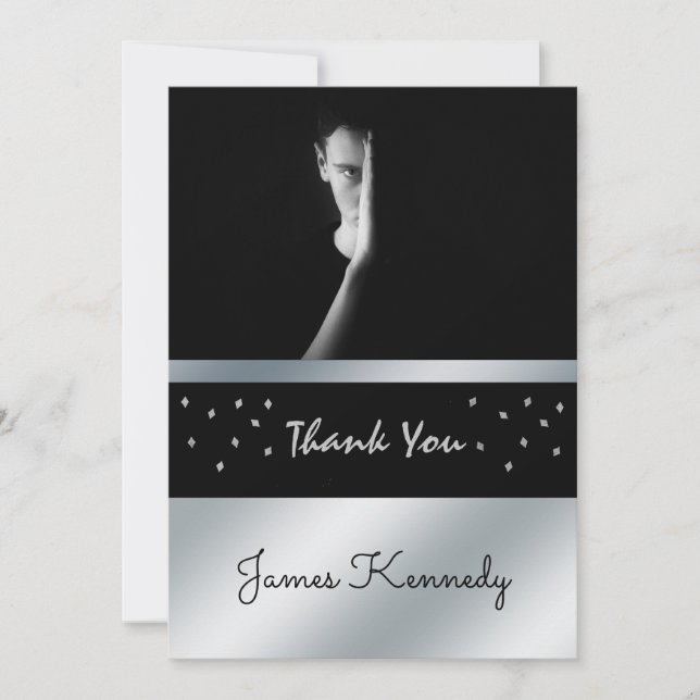 Striking Black and Silver Graduation Thank You Invitation (Front)