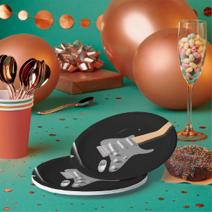 Striking Black Electric Guitar Musical Instrument  Paper Plate