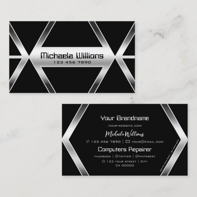 Striking Black Geometric Shimmery Silver Stylish Business Card (Front/Back)