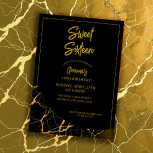 Striking Black & Gold Marble Sweet 16 Birthday Invitation