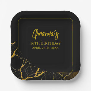 Striking Black & Gold Marble Sweet 16 Birthday Paper Plate