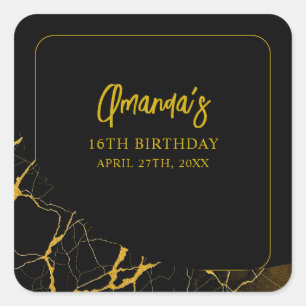 Striking Black & Gold Marble Sweet 16 Birthday Square Sticker