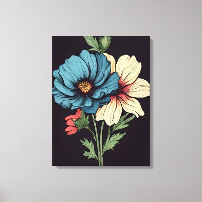 Striking Blue and White Floral Art Canvas Print (Front)