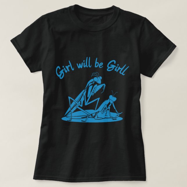 Striking Blue Mantis Holding Another Cartoon  T-Shirt (Design Front)