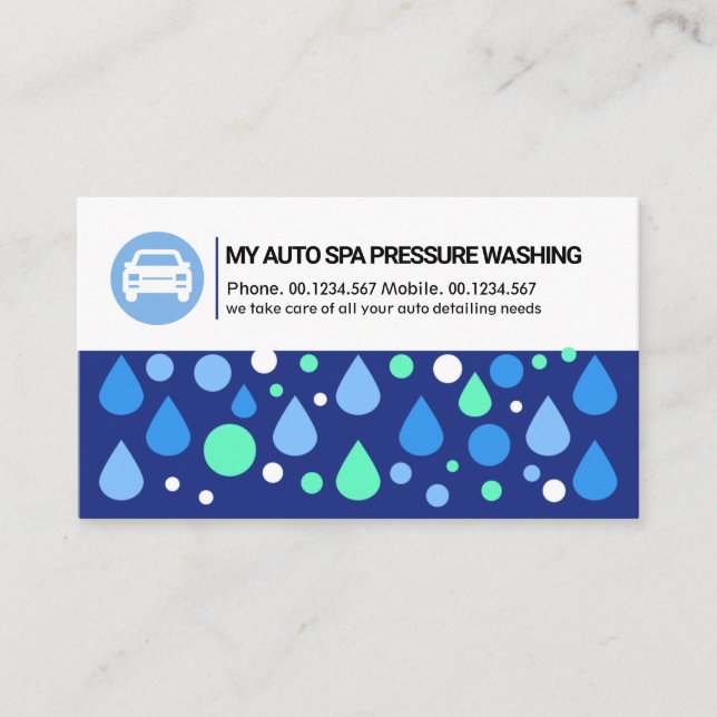 Striking Blue Water Drops Bubbles Car Wash Business Card (Front)