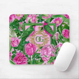 Striking Botanical Pink and Green Monogrammed Mouse Mat