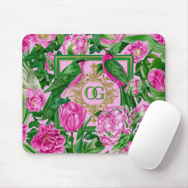 Striking Botanical Pink and Green Monogrammed  Mouse Mat (With Mouse)
