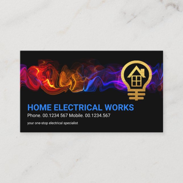 Striking Electric Wave Gold Bulb Home Electrician  Business Card (Front)