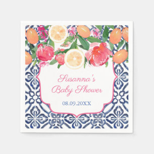 Striking Florals Citrus Blue Tiles Bridal Shower Napkin