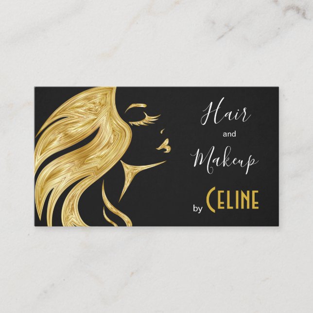 Striking Hair and Makeup Black and Gold Business C Business Card (Front)