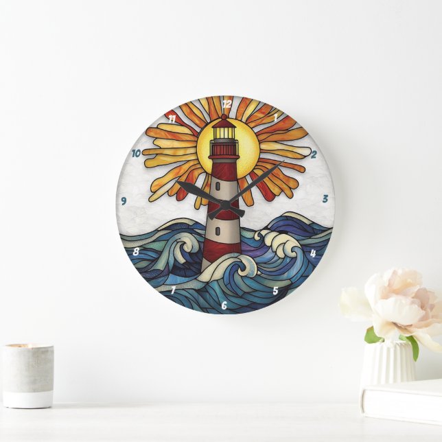 Striking Lighthouse Sun Ocean Waves Large Clock (Home)