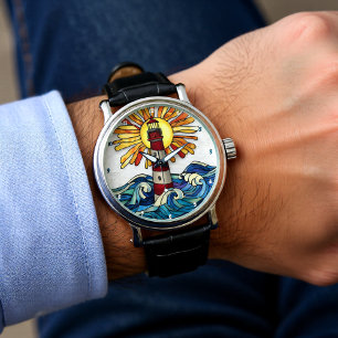 Striking Lighthouse Sun Ocean Waves Watch