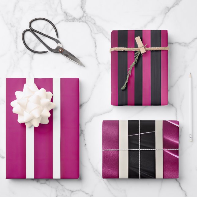 Striking Magenta Magic Collection Stripes Wrapping Paper Sheet (Front)