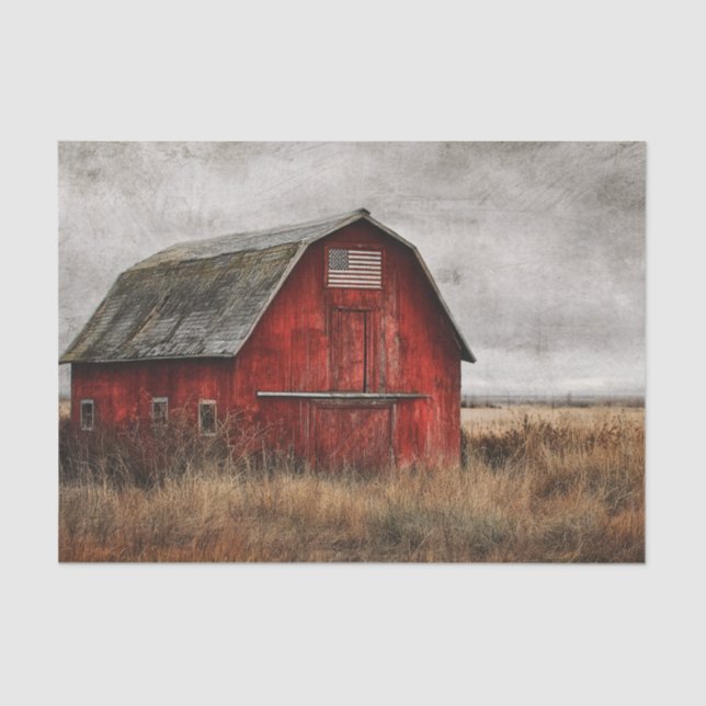 Striking Painting of a Red Barn w/ American Flag   Tissue Paper (Front)