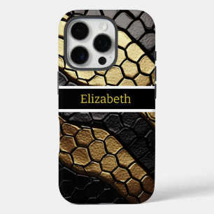 Striking patterns of a black and gold snake skin iPhone 16 pro case