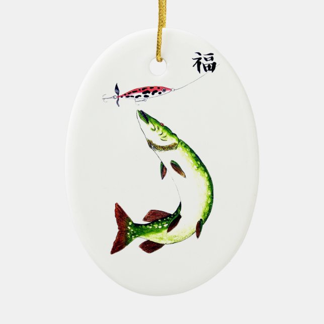 Striking Pike fishermans dream Ceramic Tree Decoration (Front)